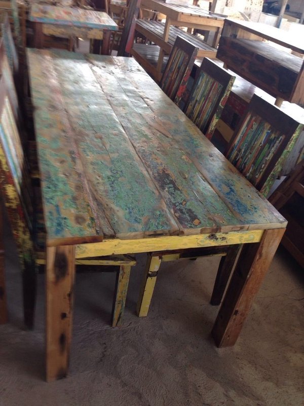 SET Tisch mit 6 Stühlen  Esstisch Küchentisch Recycling Teak Holz Stuhl Teakholz Küchenstuhl
