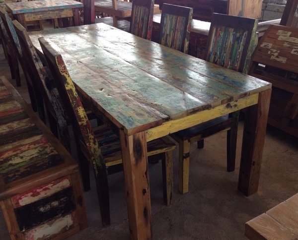 SET Tisch mit 6 Stühlen  Esstisch Küchentisch Recycling Teak Holz Stuhl Teakholz Küchenstuhl