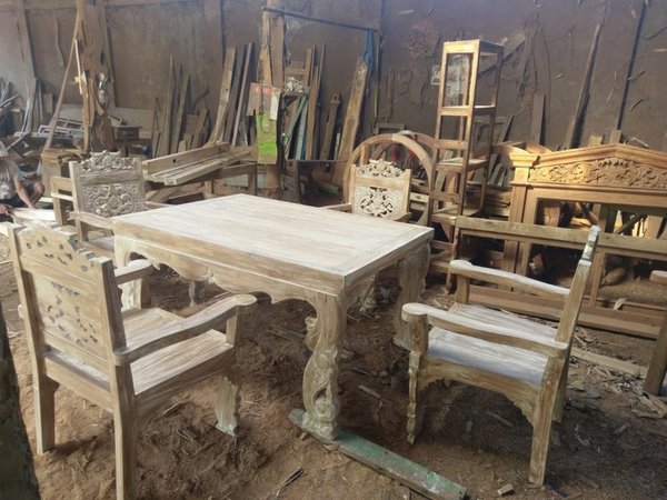 Set 4x Stühlen 1x Tisch Esstisch Küchentisch Holztisch Stuhl Gartentisch Stühle Teak Holz Sitzmöbel