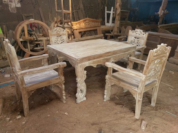 Set 4x Stühlen 1x Tisch Esstisch Küchentisch Holztisch Stuhl Gartentisch Stühle Teak Holz Sitzmöbel